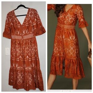 Ivy City Monroe Burnt Orange Floral Lace Button Front Midi Dress Size Large